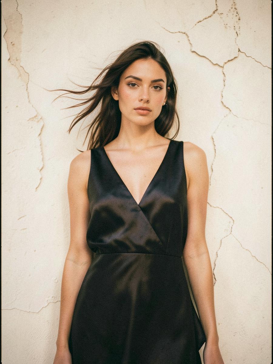 Model in a dark silk dress against a pale wall