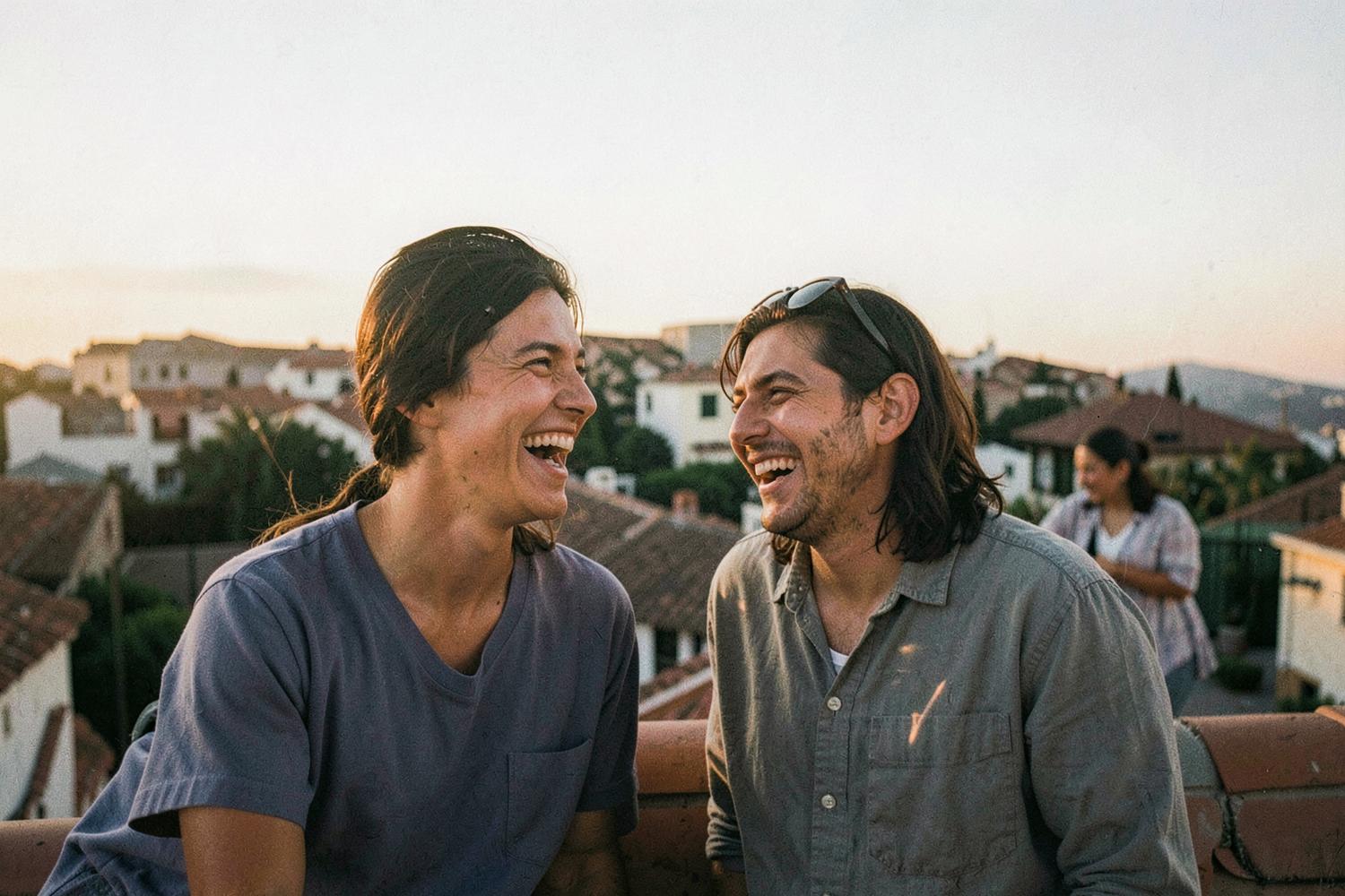 Two friends laughing on a rooftop at dusk